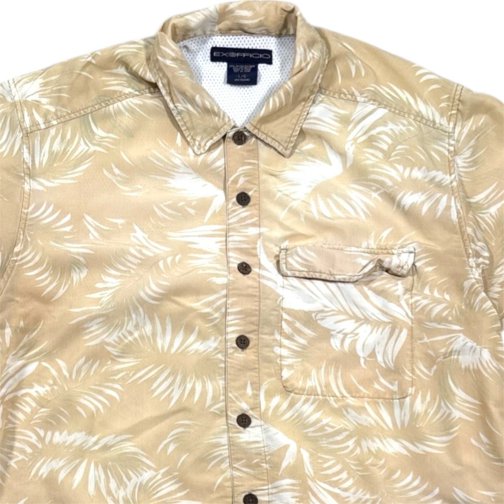 ExOfficio Vented Button Up Shirt Mens Large Floral Hawaiian Fishing‎ Rayon Blend